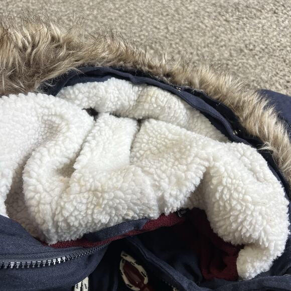 Superdry Tall Marl Toggle Puffer Jacket US 10 Navy Blue Hooded Faux Fur Trim - Picture 4 of 9